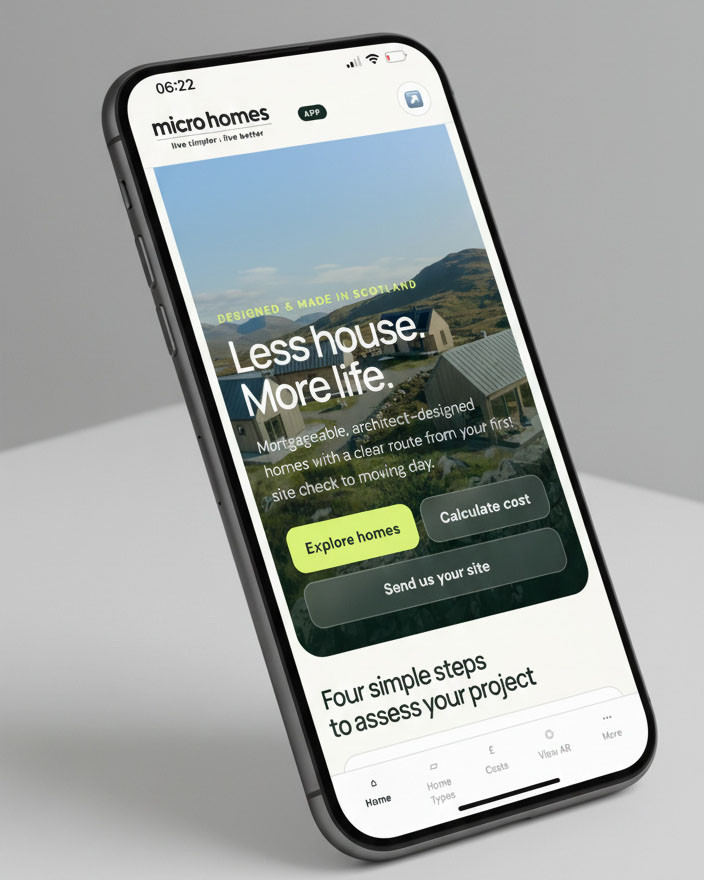 Microhomes app shown on a phone, with options to explore homes, calculate costs and send site details