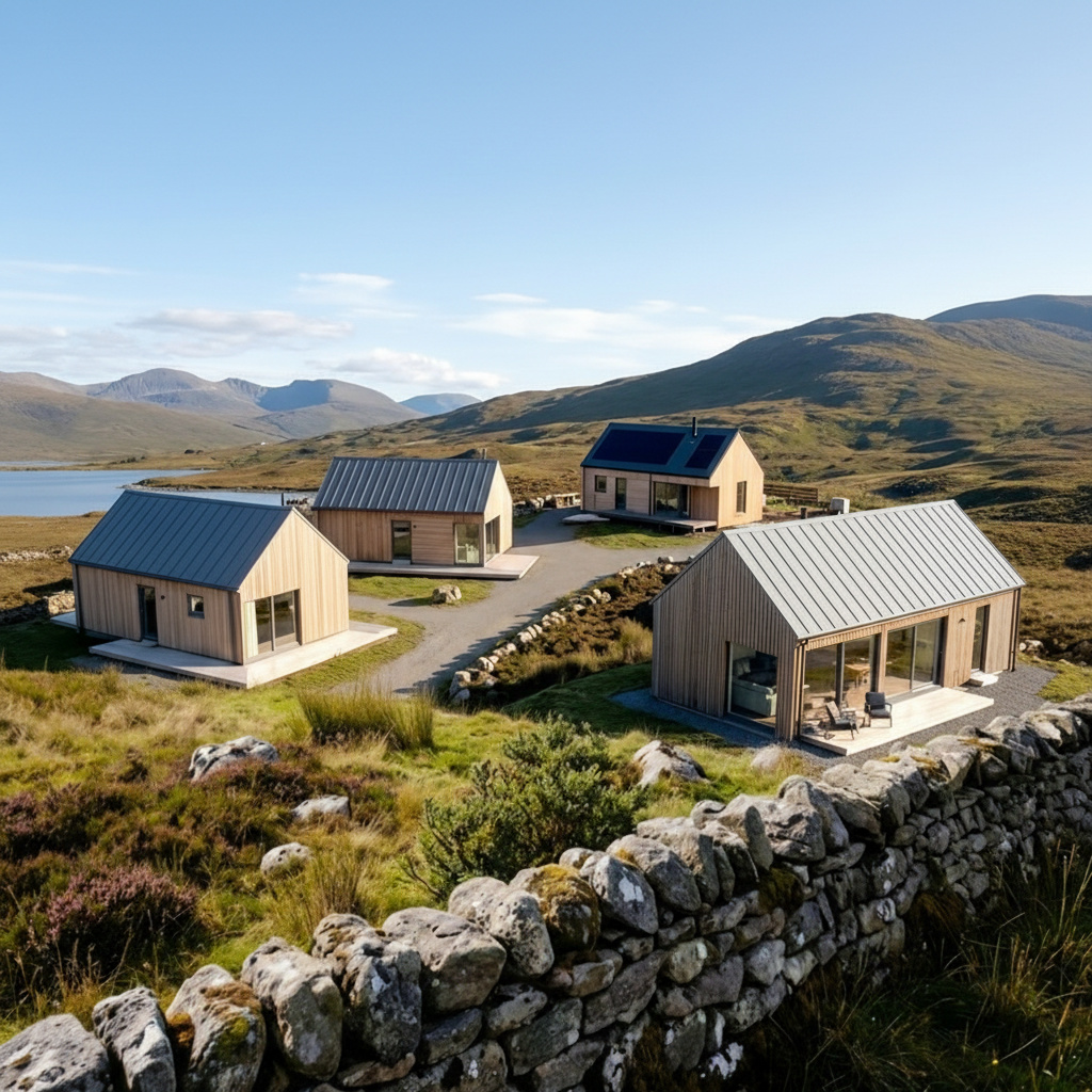 Timber-clad custom home concepts set beside a loch