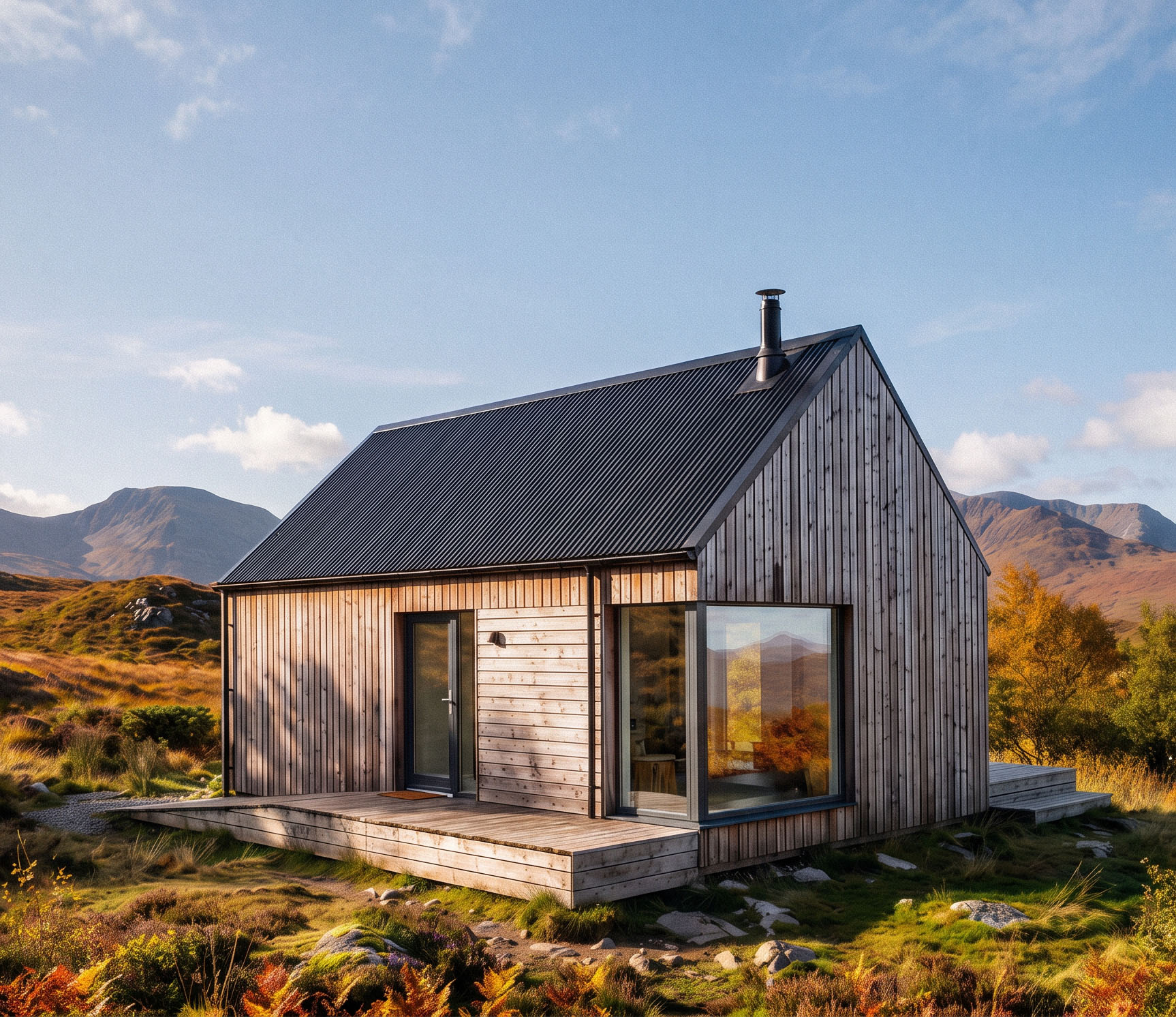 Microhome 1 timber-clad exterior in a Highland landscape