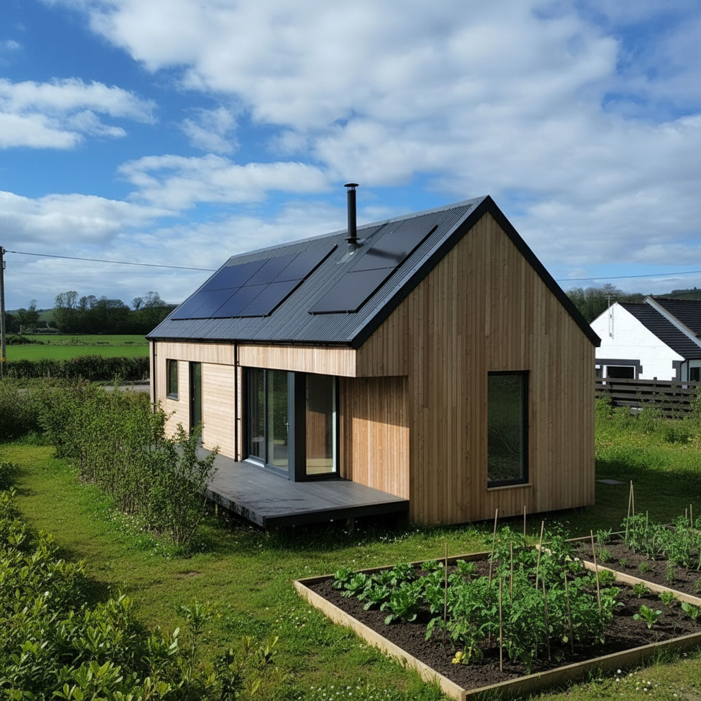 Microhome 3 timber-clad exterior with solar panels