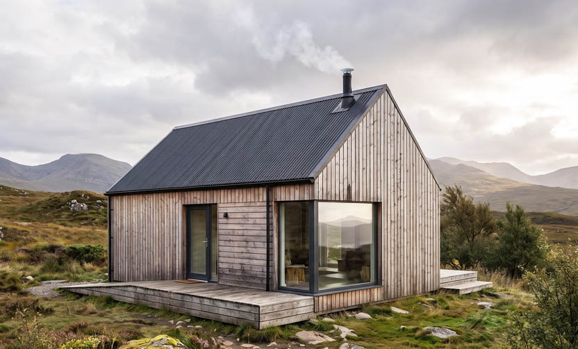 Microhome 1 timber-clad exterior in a Highland landscape