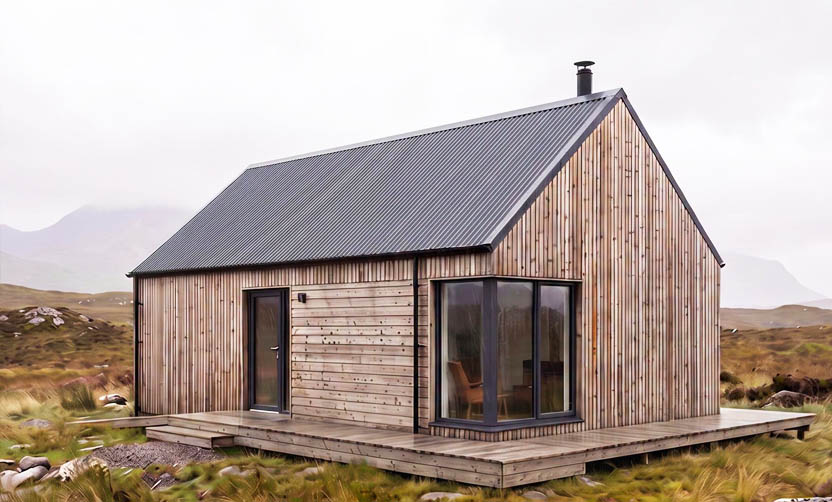 Microhome 2 timber-clad exterior in a rural landscape